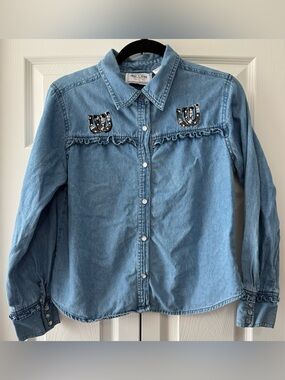 Vintage Just Class Western Denim Snap Shirt Horseshoes Cowboy Boots Medium